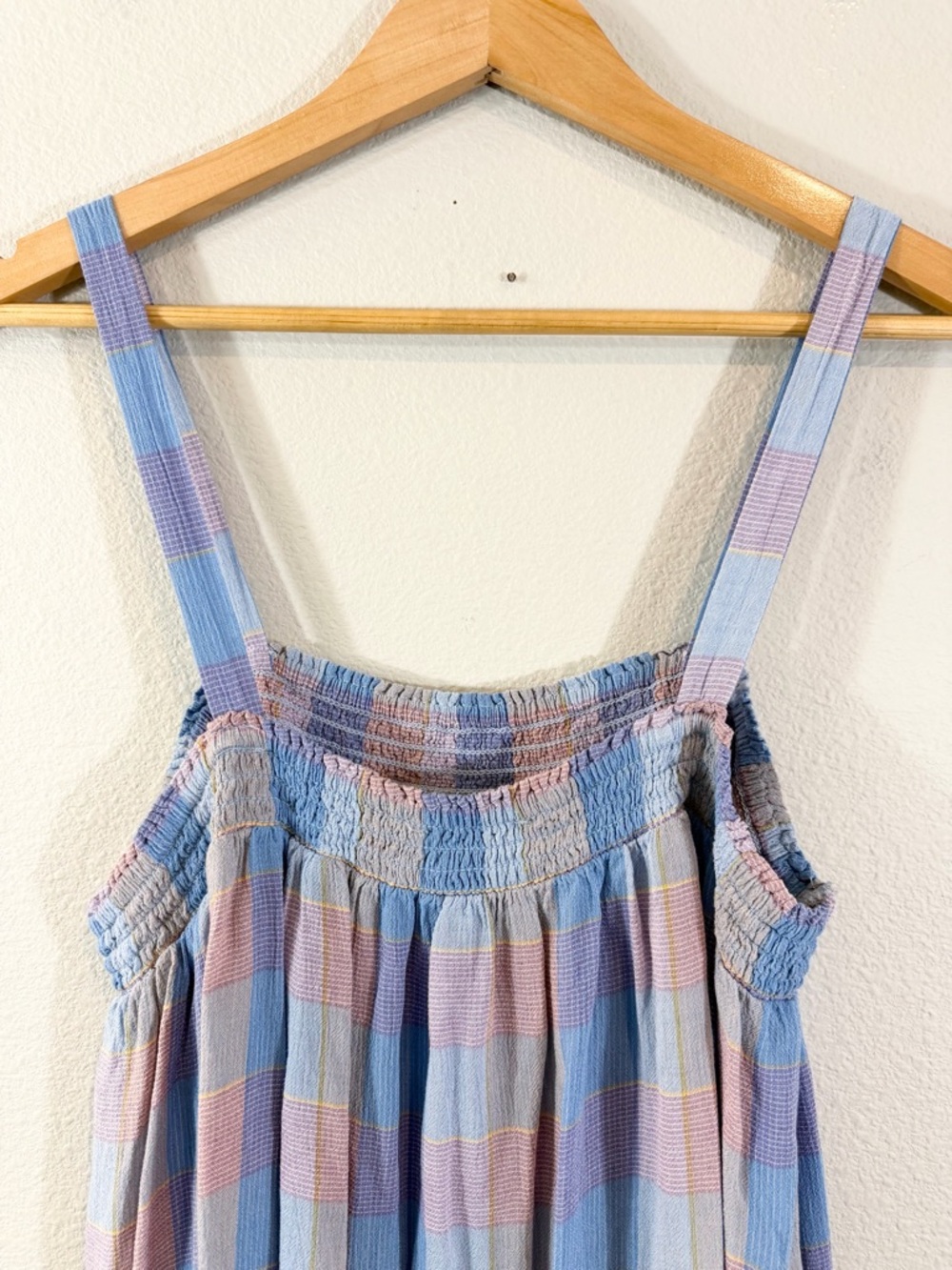 Loft Tiered Midi Dress Size L Blue Purple Plaid Smocked Sleeveless Casual Preppy - Picture 9 of 9